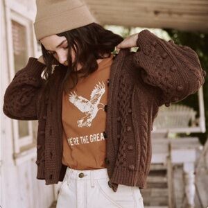 THE GREAT The Mountainside Cardigan Dark Cedar Brown Cable Knit Sweater Pom Pom